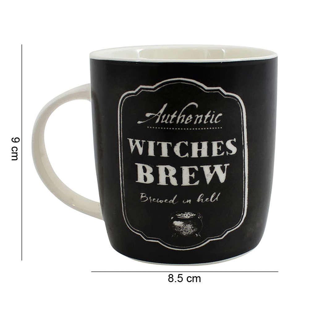Witches Brew Mug. a black mug with white handle and white inside and the dimensions written on