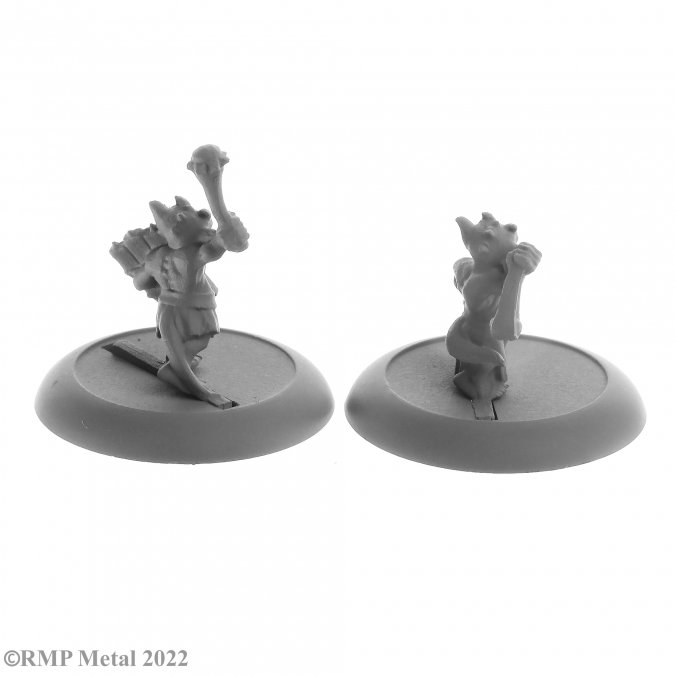 A pack of 2 Ratpelt Kobolds from the Dark Heaven Legends metal range by Reaper Miniatures sculpted by Bobby Jackson. Two kobolds one with a weapon raised high and holding a crude shield and the other with a slingshot