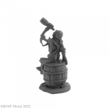 Skeletal Rum Runner from the Dark Heaven Legends metal range by Reaper Miniatures sculpted by Bob Ridolfi. A skeleton sat atop a barrel with a bottle raised