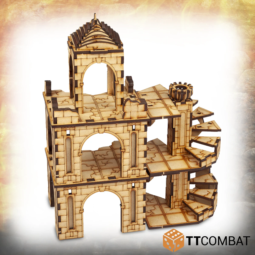 a wonderful roof on its top section and spiral staircases this MDF kit from TT Combat can be built in a variety of ways to suit your tabletop gaming needs