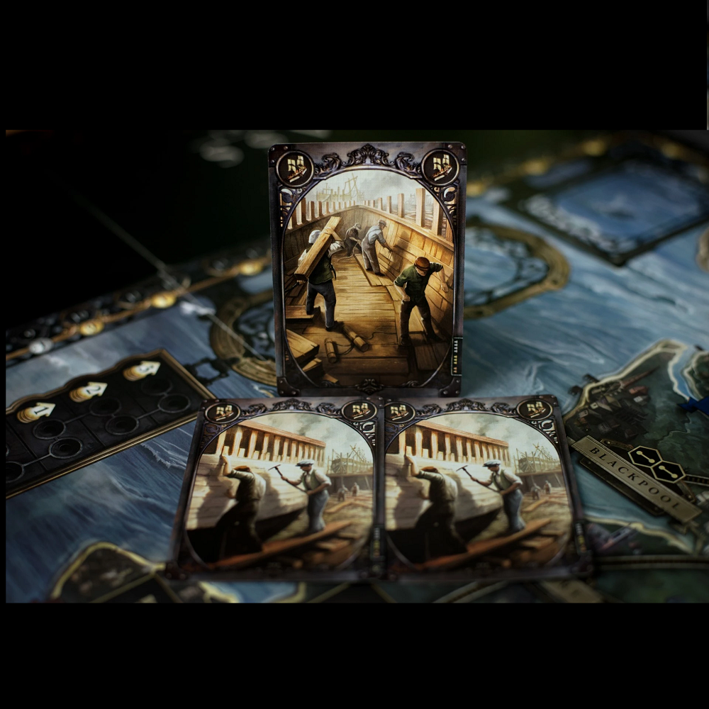 Brass Lancashire card showing art work of workers building with wood