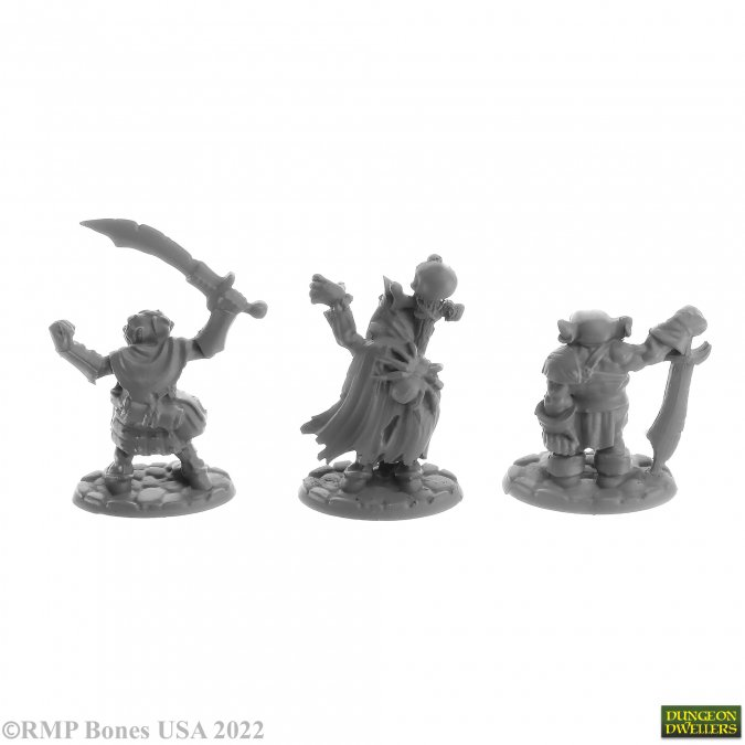 A pack of 3 Goblin Elites from the Bones USA Dungeons Dwellers range by Reaper Miniatures sculpted by Bobby Jackson. This pack contains three goblins two holding swords and one shaman with a skull topped staff