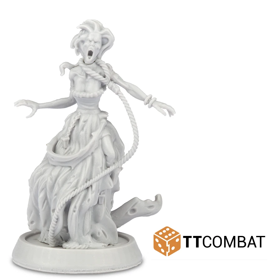 With a rope still around her neck and the remains of chains visible it is no wonder this Banshee looks so upset. A great 28mm scale resin miniature for your tabletop gaming from the fantasy heroes range by TT Combat.