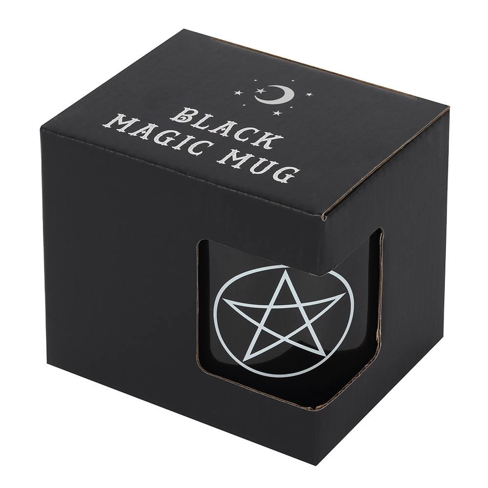 Black box containing a ceramic black mug with a white design depicting the Wiccan pentagram five pointed star