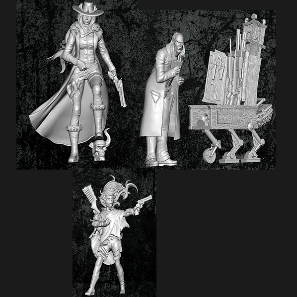 Behind the Trigger box set for the tabletop miniatures skirmish game Malifaux. This set includes plastic miniatures for the Guild and Bayou factions including a female gun slinger, weapon seller and fully armed hunter carrying a pig under one arm for your gaming table, hobby needs or miniature collection.