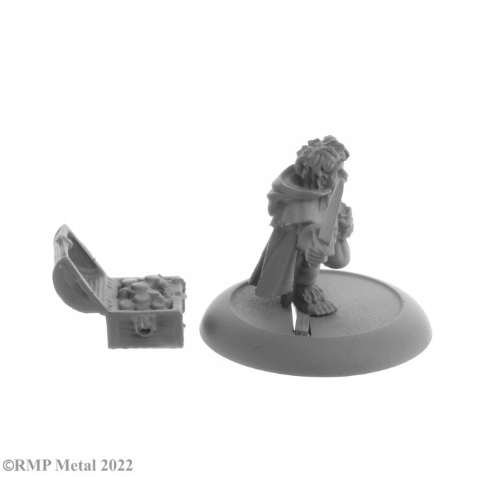 Stitch Thimbletoe from the Dark Heaven Legends metal range by Reaper Miniatures sculpted by Bobby Jackson. A halfling thief rogue holding a sword and money bag with a treasure chest for your table top.