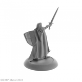 Caerindra Thistlemoor from the Dark Heaven Legends metal range by Reaper Miniatures sculpted by Bobby Jackson. A female fighter holding a sword up high, panelled shield and wearing a cape with the hood down, shown here from the back