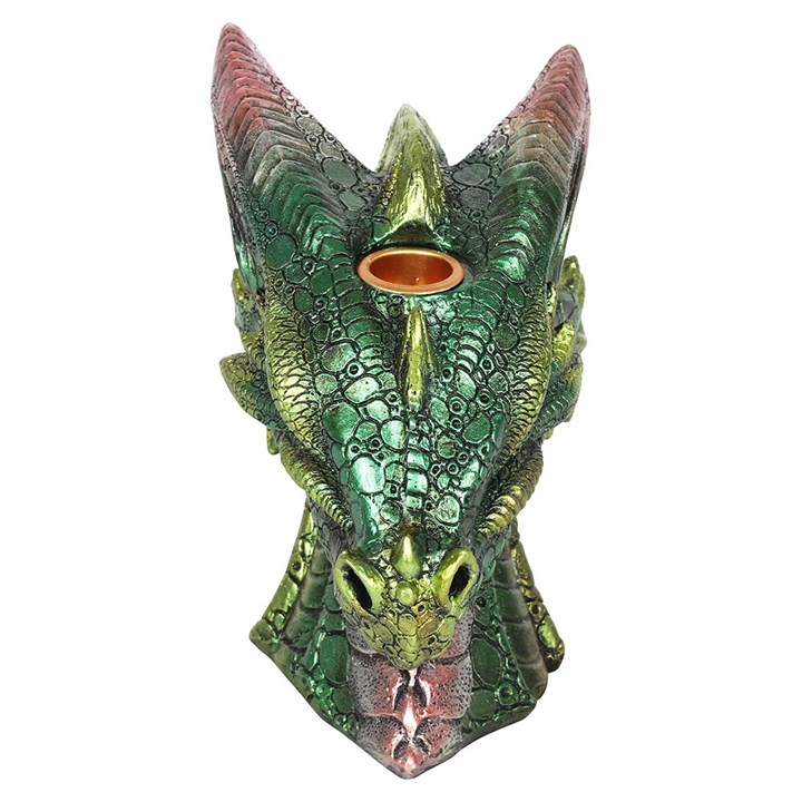 incense burner. green dragon head with silver accents and red eyes.