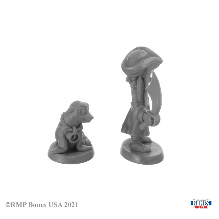 Reaper miniatures Skipper and Scuttle 30049. kipper and Scuttle are a cheeky pair of pirate pals comprising of a seal with a compass around its neck and a pirate holding a sword in one hand and a saluting style sign with the other hand on his hat.