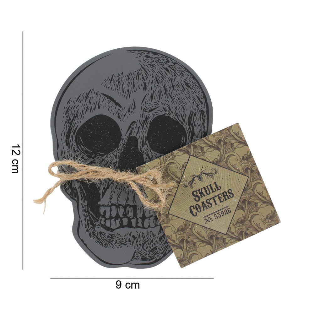 Skull Coaster Set , in this image you can see the string that ties them together and the tag and the dimension