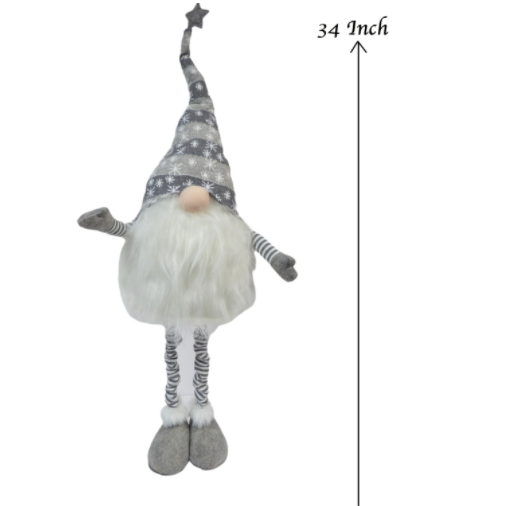 Grey Christmas gonk. posable grey stripe hat featuring snowflake design topped with a grey star, white beard, posable knitted striped arms, nose poking out