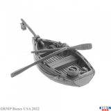 30057 Boat -Bones USA.  wooden boat with oars and a basket of fish 