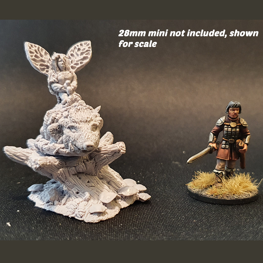 Nature Guardian by Bad Squiddo Games is sculpted by Ristul and can be used in many ways on your gaming table. A fairy nature spirit riding a boar on top of a tree stump surrounded by vines and foliage.