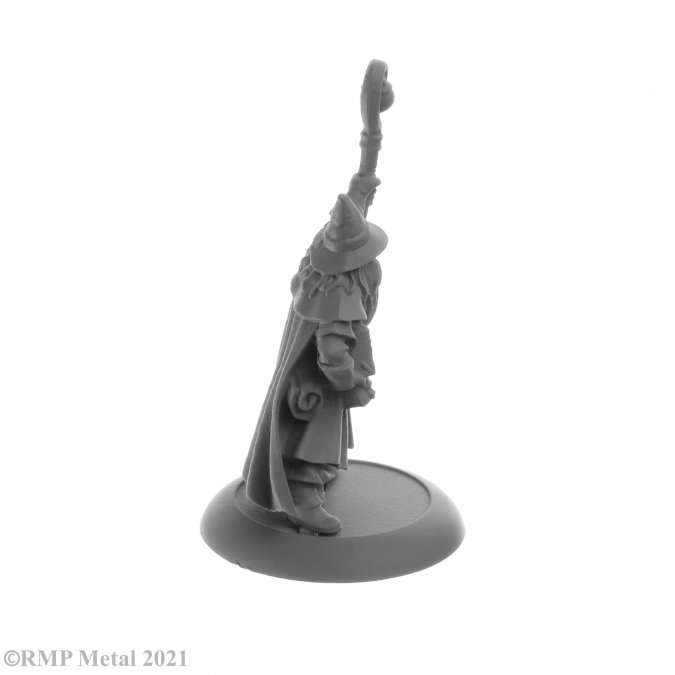 Luwin Phost from the Dark Heaven Legends metal range by Reaper Miniatures sculpted by Bobby Jackson. A wonderful metal gaming figure of a traditional looking wizard wearing a pointed hat, robe and carrying books and a staff