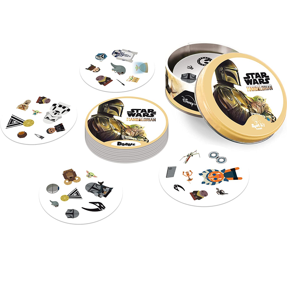 Dobble Star Wars Mandalorian with the cards out of the tin