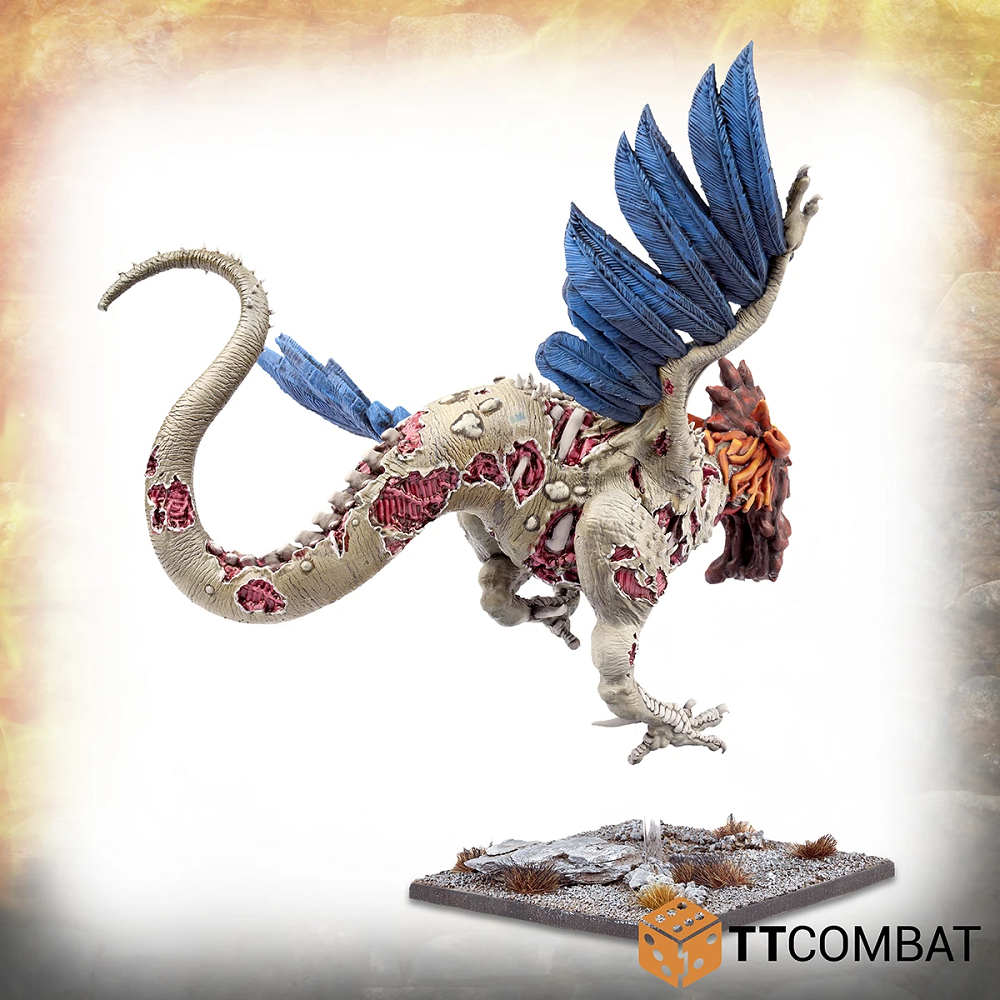 The Cockatrice is a combination of chicken and snake and this monstrous Cockatrice was brought back to life and now roams as a a Zombie Cockatrice with rotting flesh and bones exposed but that will not stop this foul beast from causing chaos. In a fighting pose supplied with flight base this resin miniature of a Zombie Cockatrice will look great on your gaming table.