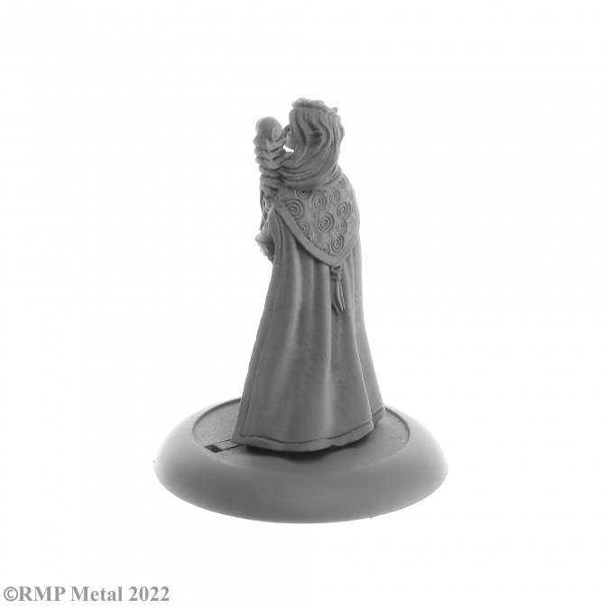 Anthanelle Female Elf Wizard from the Dark Heaven Legends metal range by Reaper Miniatures, wearing a robe and holding an ornate staff in one hand and the other by her side Anthanelle strikes a regal pose