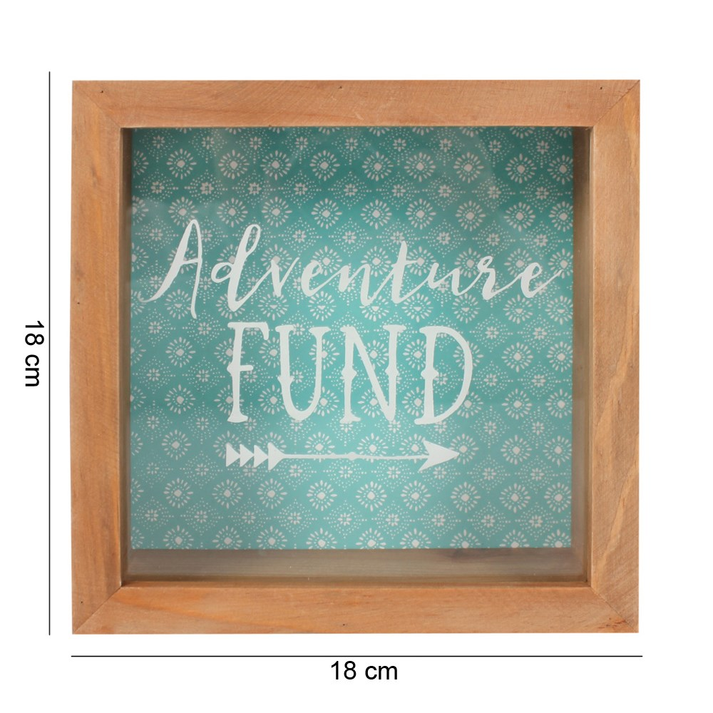box frame Adventure Fund money box. Wooden box with clear front and Adventure Fund written in white