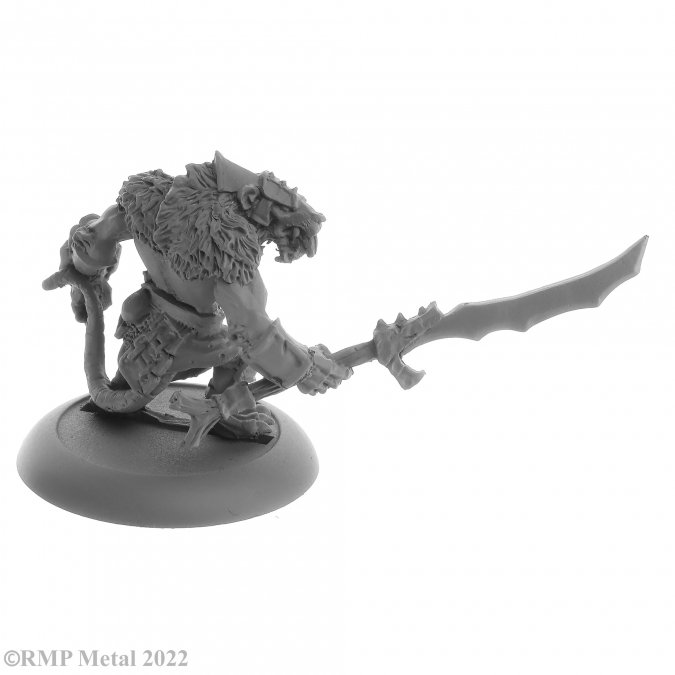 Wererat Boss from the Dark Heaven Legends metal range by Reaper Miniatures sculpted by Ben Siens. A metal wererat miniature holding a sword and wearing armour
