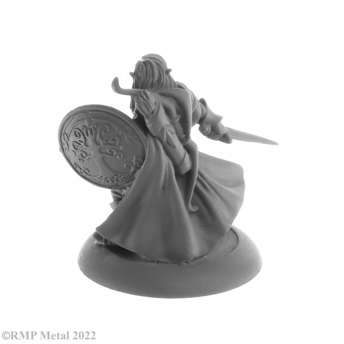 Mellonir Windrunner from the Dark Heaven Legends metal range by Reaper Miniatures sculpted by Bobby Jackson. A metal miniature of an elf ranger holding a sword and a shield with a bow on his back