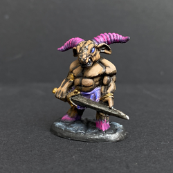 Hand painted minitaur from the Reaper Miniatures range. Mrs MLG has painted this minitaur with sword giving him bright pink horns and hooves. This little minotaur maybe small but he holds a large sword and is in no mood for messing about.