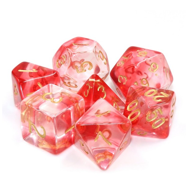 Storm Gem crimson light RPG D20 dice set. Beautiful crimson storm gem dice with gold numbers