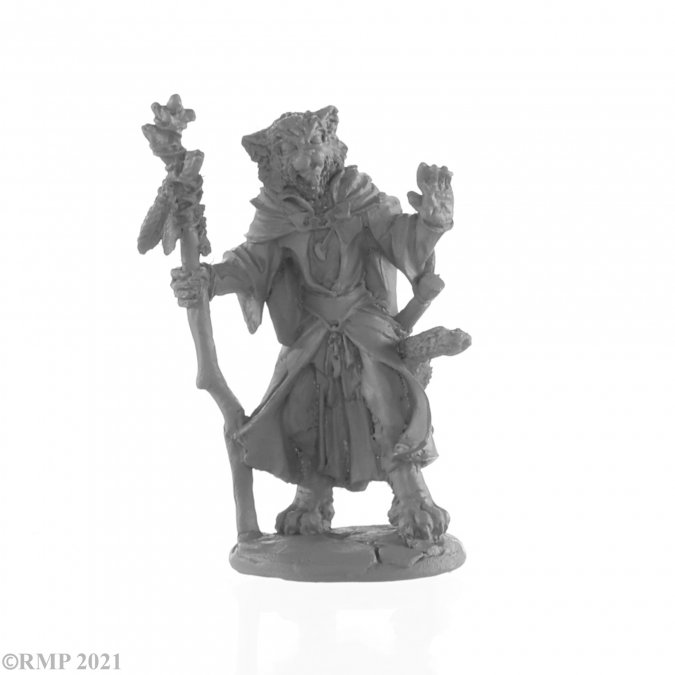 Catfolk Mage from Reaper Miniatures Dark Heaven Legends range, this metal miniature has one hand held out in a stop position and the other holds a staff