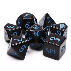 opaque Chaos Chondrite RPG dice in black with blue chaos numbers. RPG D20 dice set 