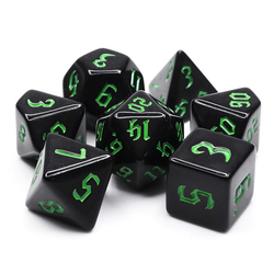 opaque Chaos Chondrite RPG dice in Black with Green chaos numbers. RPG D20 dice set 