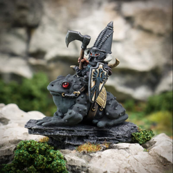 The Deathstealer by Northumbrian Tin Solider is a gnome riding a stygian toad and holds both an axe and a shield