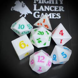 crisp edged dice are white with fun different coloured numbers for each dice.  Sharp Edged Easter Egg RPG D20 dice set