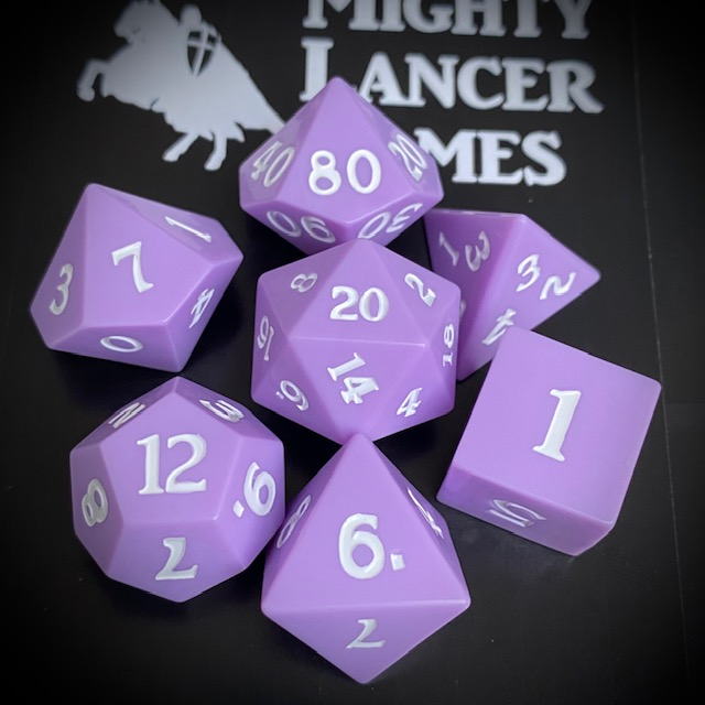 Sharp Edge Lilac Cream Poly Dice Set. RPG D20 sharp edge dice