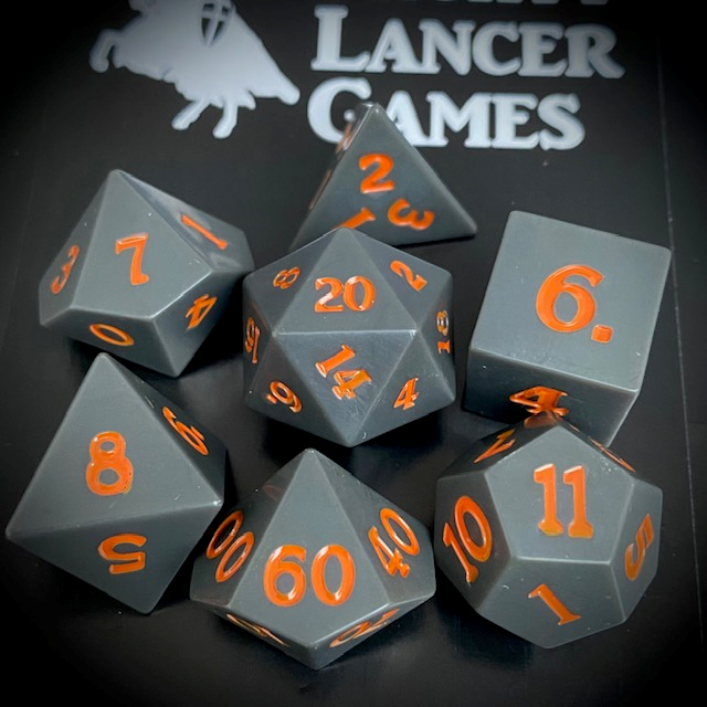 Sharp Edge Moon Black Orange Poly Dice Set. RPG D20 dice set