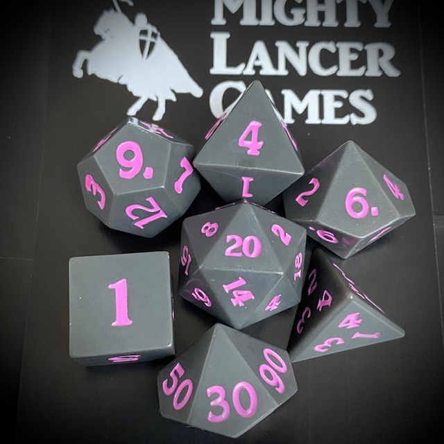 Sharp edge poly dice set for your RPG game. With wonderfully crisp edges and a flat grey colouring with purple number. RPG D20 dice set