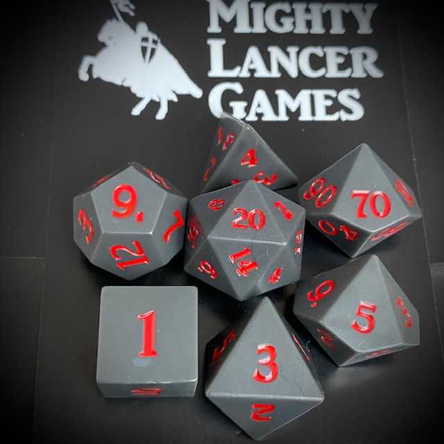 Sharp edge poly dice set for your RPG game in flat slate grey with red numbers.. RPG D20 dice set