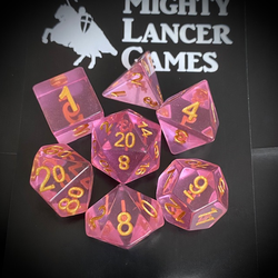 A beautiful set of crisp edged dice in gem pink with gold numbers.. Sharp edge RPG D20 dice set