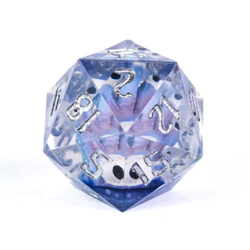 D20 sharp edged dice with a captured purple Beholder entombed inside