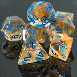 RPG character class dice, ranger. with swirls of brown colour, blue numbers and a copper arrow shape in each one 
