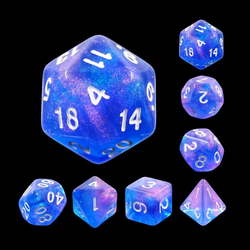 A set of Sapphire Phantom mythic dice for use with D&D or the d20 open game system. These fantastic purple and blue shimmering dice have white numbers and catch the light beautifully as they roll across your table top. 