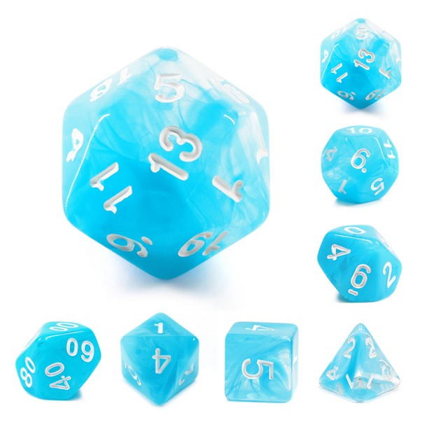 A bright sky blue set of storm gem dice with clouds of swirling blue colour and easy to read white numbers. RPG D20 Dice Set