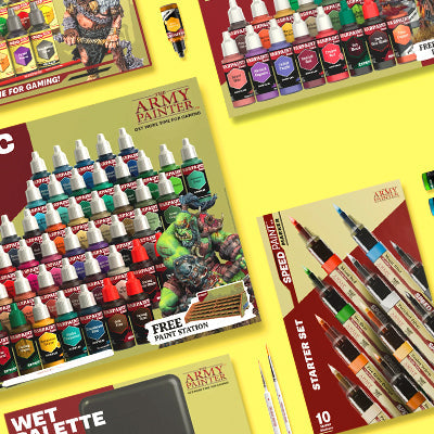 The Army Painter Essentials Displayed on Birthday Yellow Back-drop