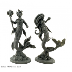 20629 Mermaid King and Queen sculpted by B Jackson from the Reaper Miniatures Bones Black range. A limited edition pack of two mermaid RPG miniatures with flowing hair, the king has a six pack, wears a medallion and is holding a scepter while the female is gazing into a pearl and wears a shell bra for your tabletop games.     