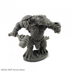 20931 Gatorman With Axe & Buckler sculpted by C Lewis from the Reaper Miniatures Bones Black range. A limited edition RPG miniature of a crocodile man holding an axe for your tabletop games.   