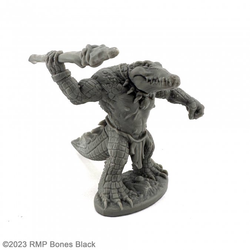 20930 Gatorman With Spear sculpted by C Lewis from the Reaper Miniatures Bones Black range. A limited edition RPG miniature of a crocodile man holding a spear for your tabletop games.  