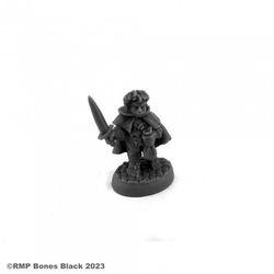 20326 Stitch Thimbletoe Halfling Thief sculpted by Bobby Jackson from the Reaper Miniatures Bones Black range. A limited edition RPG miniature of a halfling theif holding a blade and bag for your tabletop games.   