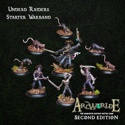 Undead Raiders Starter Warband for ArcWorlde second edition. Gangs of undead raiders pray on travellers brandishing swords and an axe. This starter warband contains heroic 28mm/32mm scale fantasy miniatures cast in white metal
