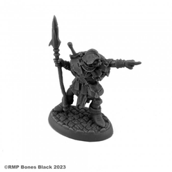 20316 Orc Leader Pointing sculpted by Bobby Jackson from the Reaper Miniatures Bones Black range. A limited edition RPG miniature of an orc holding a spear weapon and pointing for your tabletop games.   