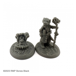 20744 Otterfolk Mage & Familiar sculpted by J Wiebe from the Reaper Miniatures Bones Black range. A limited edition pack of two RPG miniatures representing humanoid otter wearing a coat and holding a book together with a oyster creature for your tabletop games.    