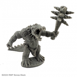 20929 Gatorman With Large Club sculpted by C Lewis from the Reaper Miniatures Bones Black range. A limited edition RPG miniature of a crocodile man holding a large wooden club for your tabletop games.       