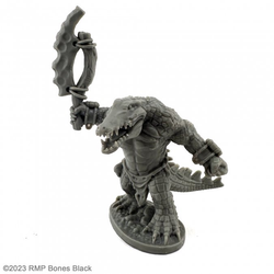 20932 Gatorman With Large Axe sculpted by C Lewis from the Reaper Miniatures Bones Black range. A limited edition RPG miniature of a crocodile man holding a large axe style weapon for your tabletop games.  